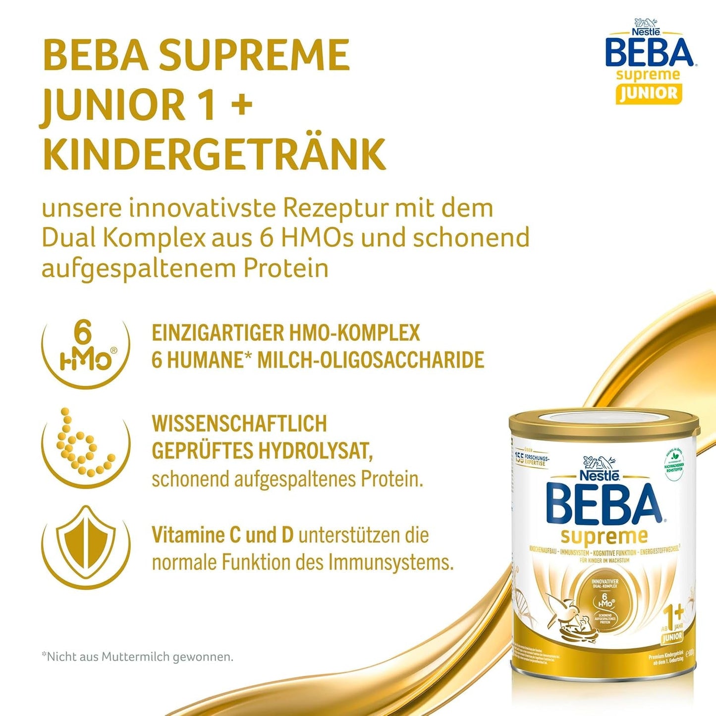 BEBA SUPREME JUNIOR 1 Plus - Bebida para niños a partir de 1 año, con complejo 6 HMO, sin lactosa, sin aceite de palma, sin aceite de pescado, comida para niños pequeños, leche en polvo para bebés, paquete de 6 (6 x 800g)