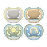 Chupetes Philips AVENT ultra air - pack de 4 chupetes transpirables sin BPA para bebés de 0 a 6 meses, incluido estuche de transporte y esterilización, color sol/arcoíris (modelo SCF085/65)