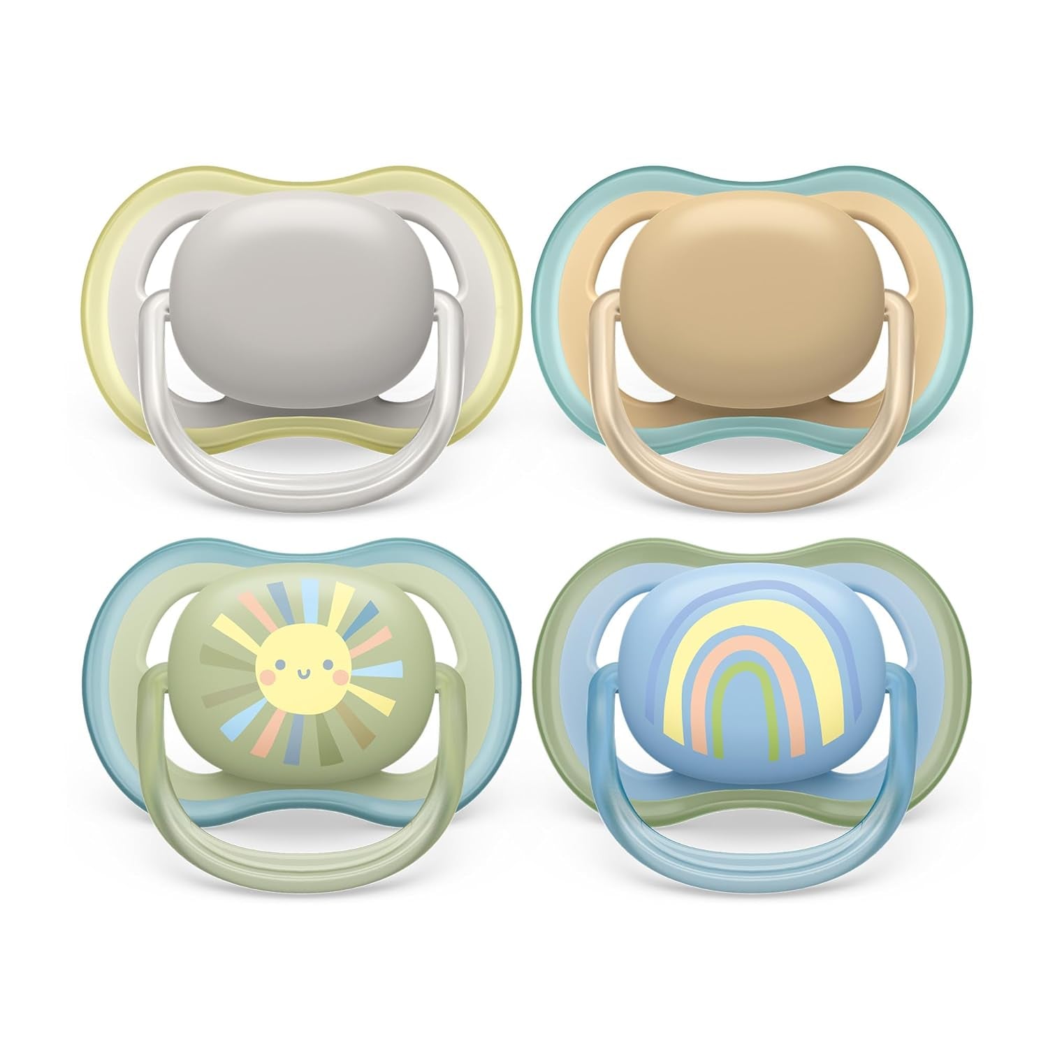 Chupetes Philips AVENT ultra air - pack de 4 chupetes transpirables sin BPA para bebés de 0 a 6 meses, incluido estuche de transporte y esterilización, color sol/arcoíris (modelo SCF085/65)