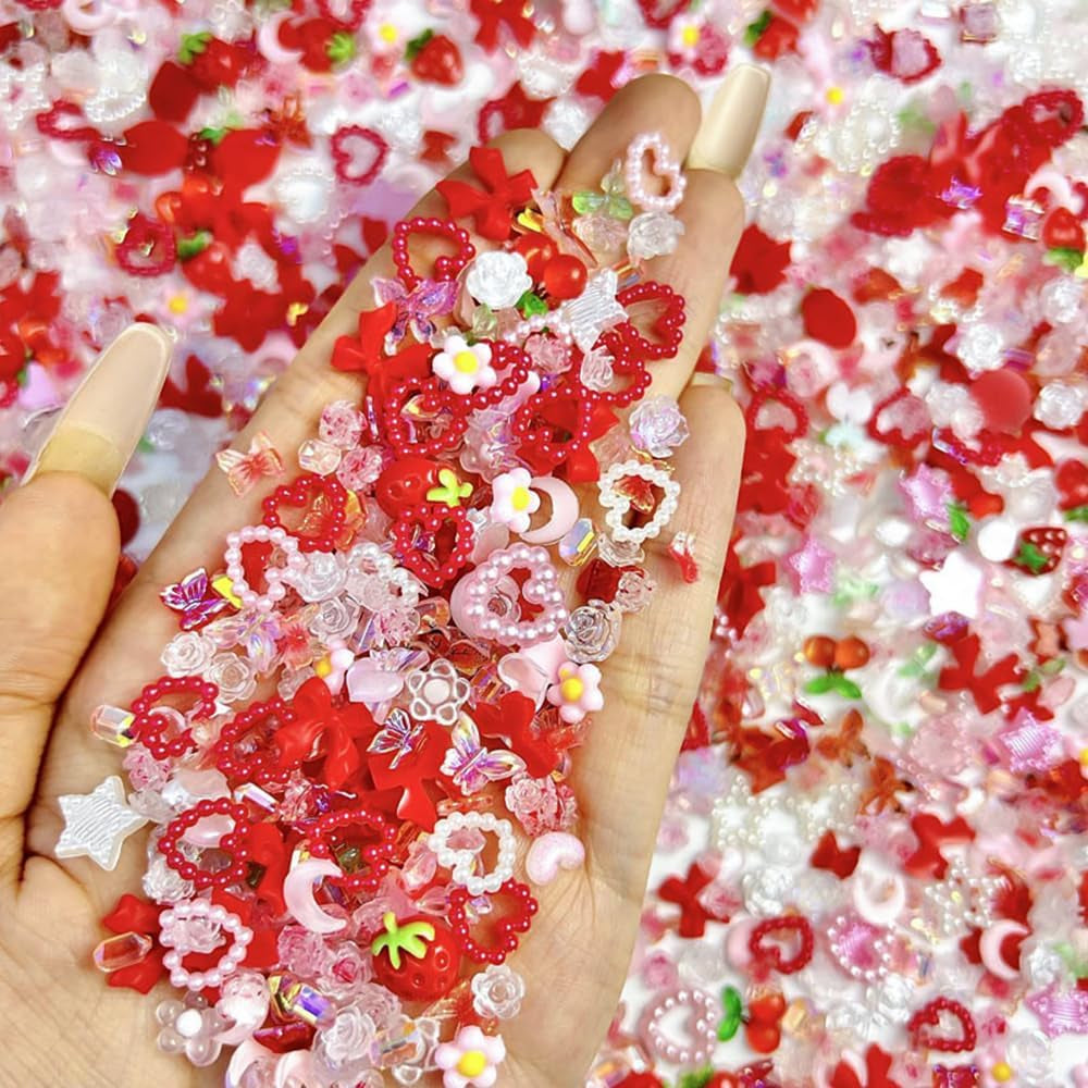 100 Uds. Dijes de uñas 3D Rosa Rot Kirsche Erdbeere Blume Nagel Charms Kamelie Rose Schmetterling Nail Art Charms Flatback Herz Schleife Charms Nägel Zubehör Mond Stern Nagelschmuck Nageldesign Anhänger