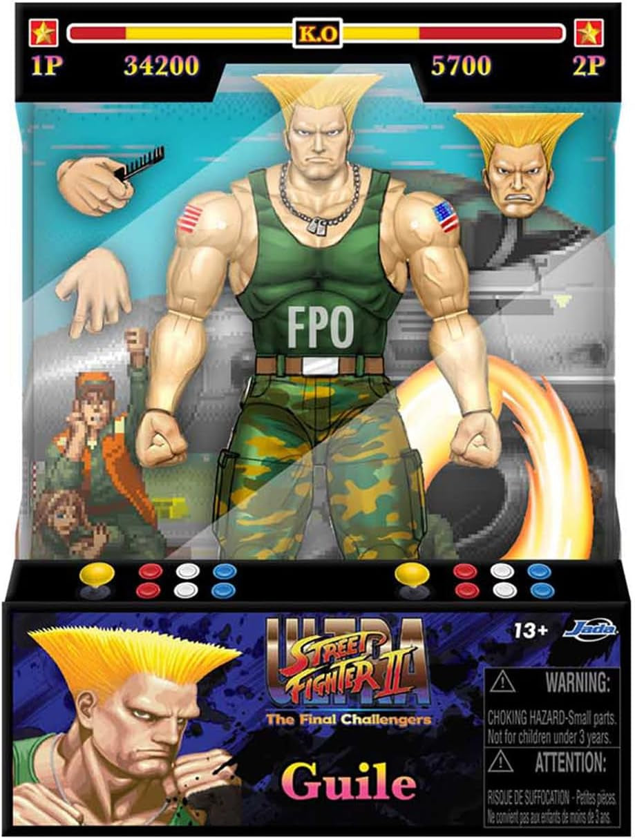 Jada Toys Figura de Street Fighter Guile (15 cm) - Street Fighter 2: The Final Challengers Figura de acción móvil coleccionable con cabeza, manos y accesorios alternativos, figuras de acción para mayores de 13 años Naty Shop