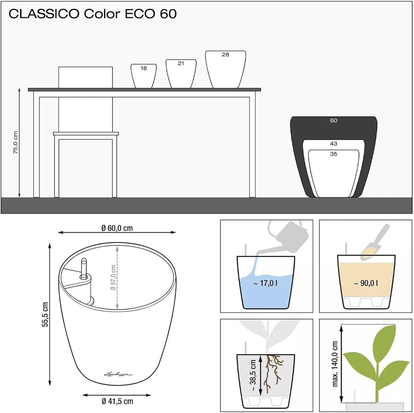 Jardinera LECHUZA Classico Color ECO 60 Gris Oscuro | Jardinera con sistema de riego e indicador de nivel de agua | Hecho de plástico 100% reciclado | Acabado mate | Ø 60 x 55,5 cm | 18955