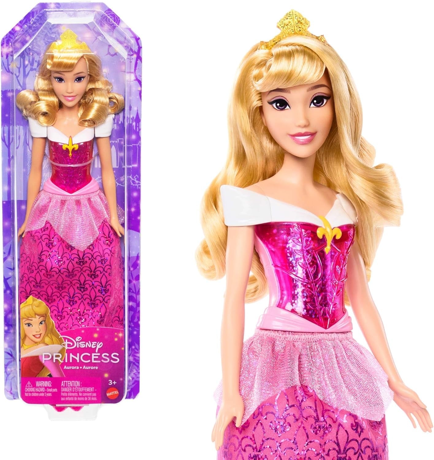 Mattel DISNEY Princess Aurora - Muñeca con atuendo icónico, zapatos y tiara desmontables, top brillante y falda estampada desmontable, cabello largo para peinar, HLW09