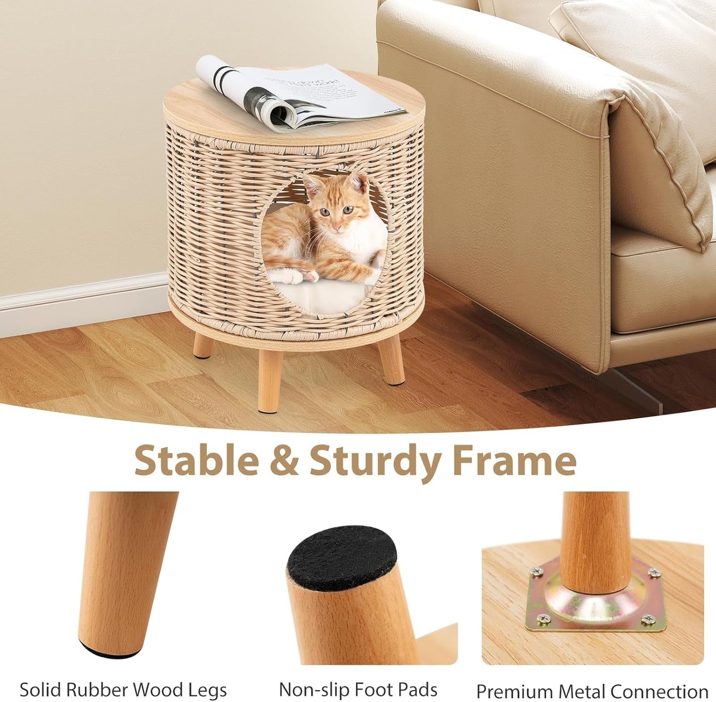 Katzenhaus Rattan, Katzenmöbel mit Holzbeinen & soft Kissen, 3 en 1 Katzenhöhle Fußhocker Nachttisch, Katzenbett stabil bis 30 kg für Wohnzimmer Schlafzimmer
