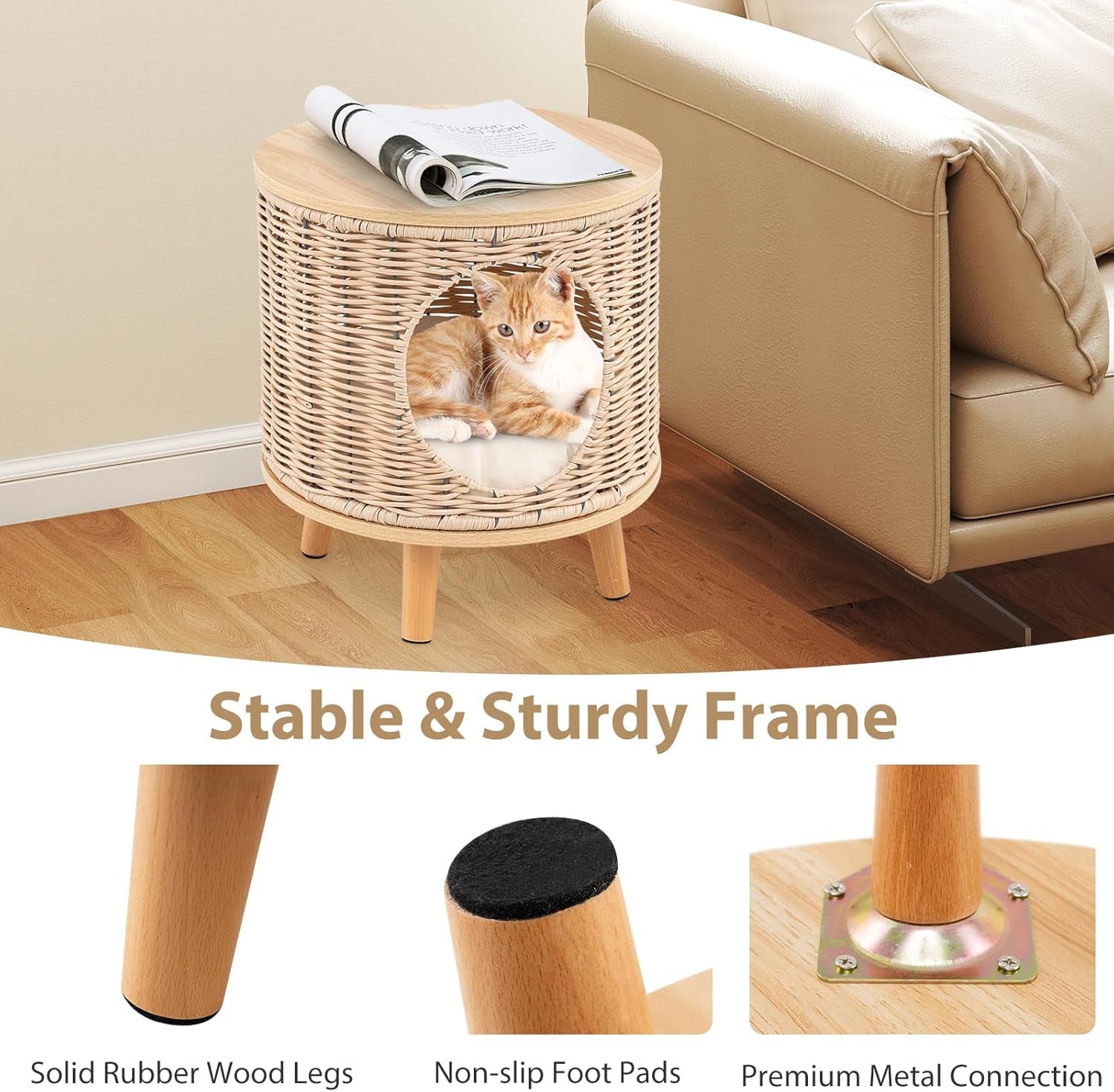 Katzenhaus Rattan, Katzenmöbel mit Holzbeinen & soft Kissen, 3 en 1 Katzenhöhle Fußhocker Nachttisch, Katzenbett stabil bis 30 kg für Wohnzimmer Schlafzimmer