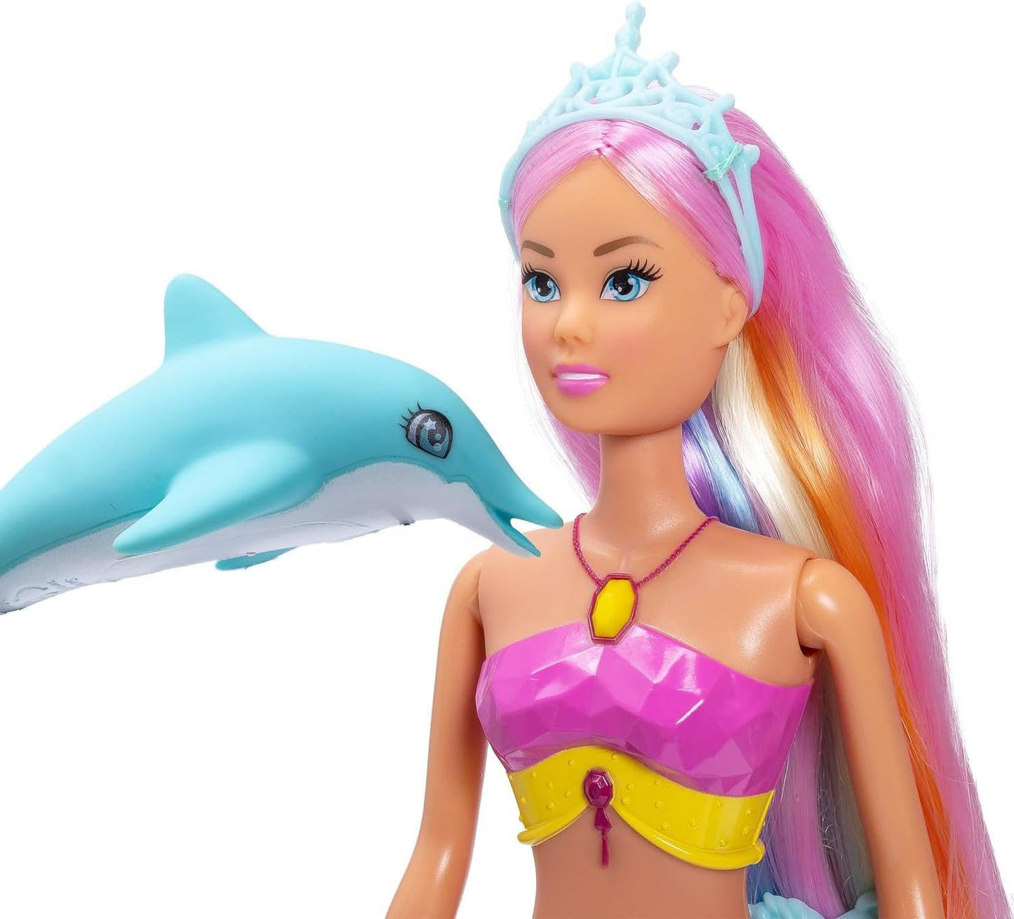 Simba Steffi Love Muñeca Sirena Mermaizing con función de luz arcoíris, pelo extralargo, figura de delfín y pinzas para el pelo, 39 cm de altura, función Try-Me, a partir de 3 años