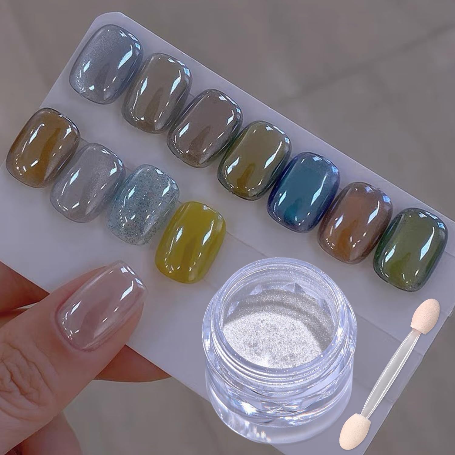 Wahrshei 6 Chrome Nail Powder, Chrome Pulver Nägel Mit Spiegeleffekt, Laser Chrome Puder, Polvo efecto perla para uñas esmaltadas en forma de donut
