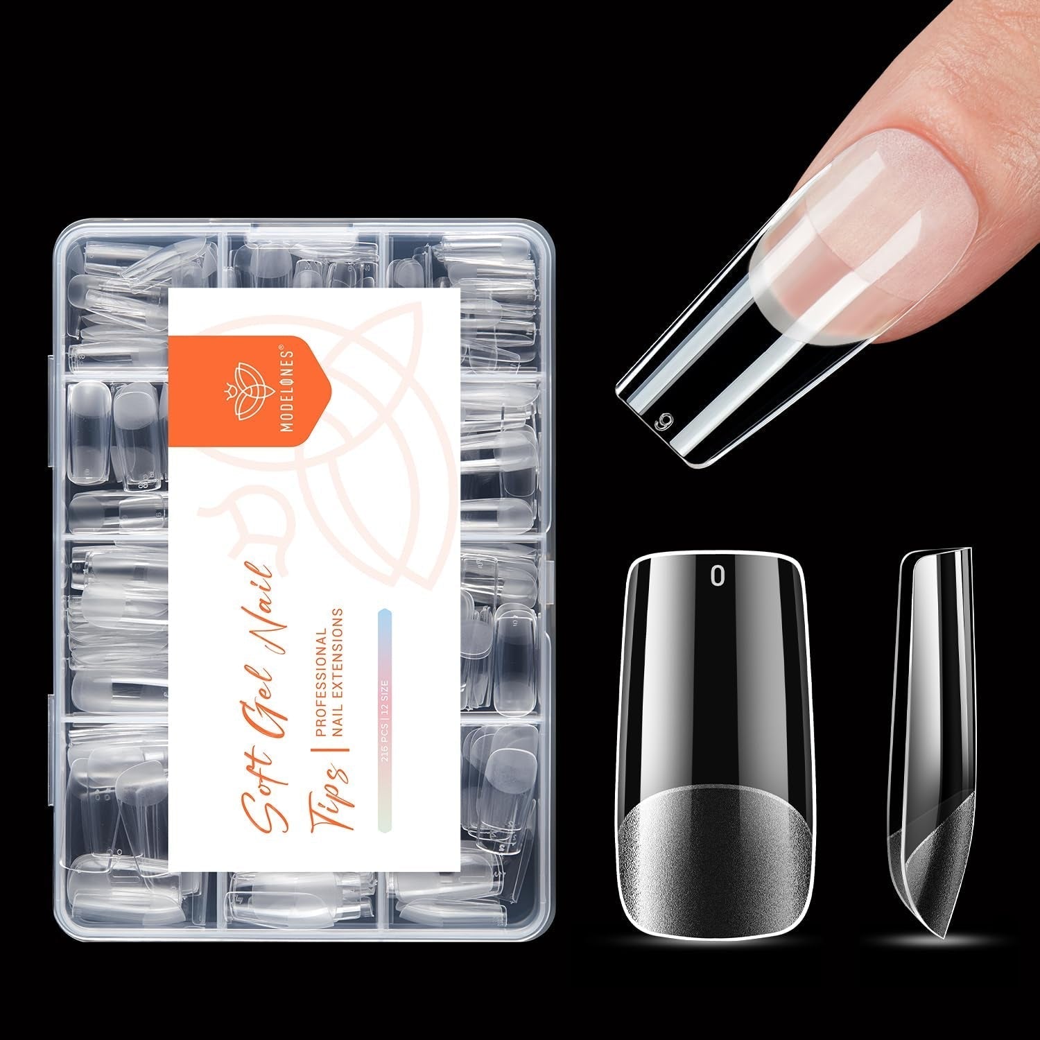 Modelones Puntas de Uñas 216 Piezas - Juego de Puntas de Uñas de Cobertura Completa, Juego de Puntas de Gel Suave, Puntas de Uñas de Resina PMMA Prepulido, Pegamento DIY en Uñas Artificiales, Almendras Cortas XS