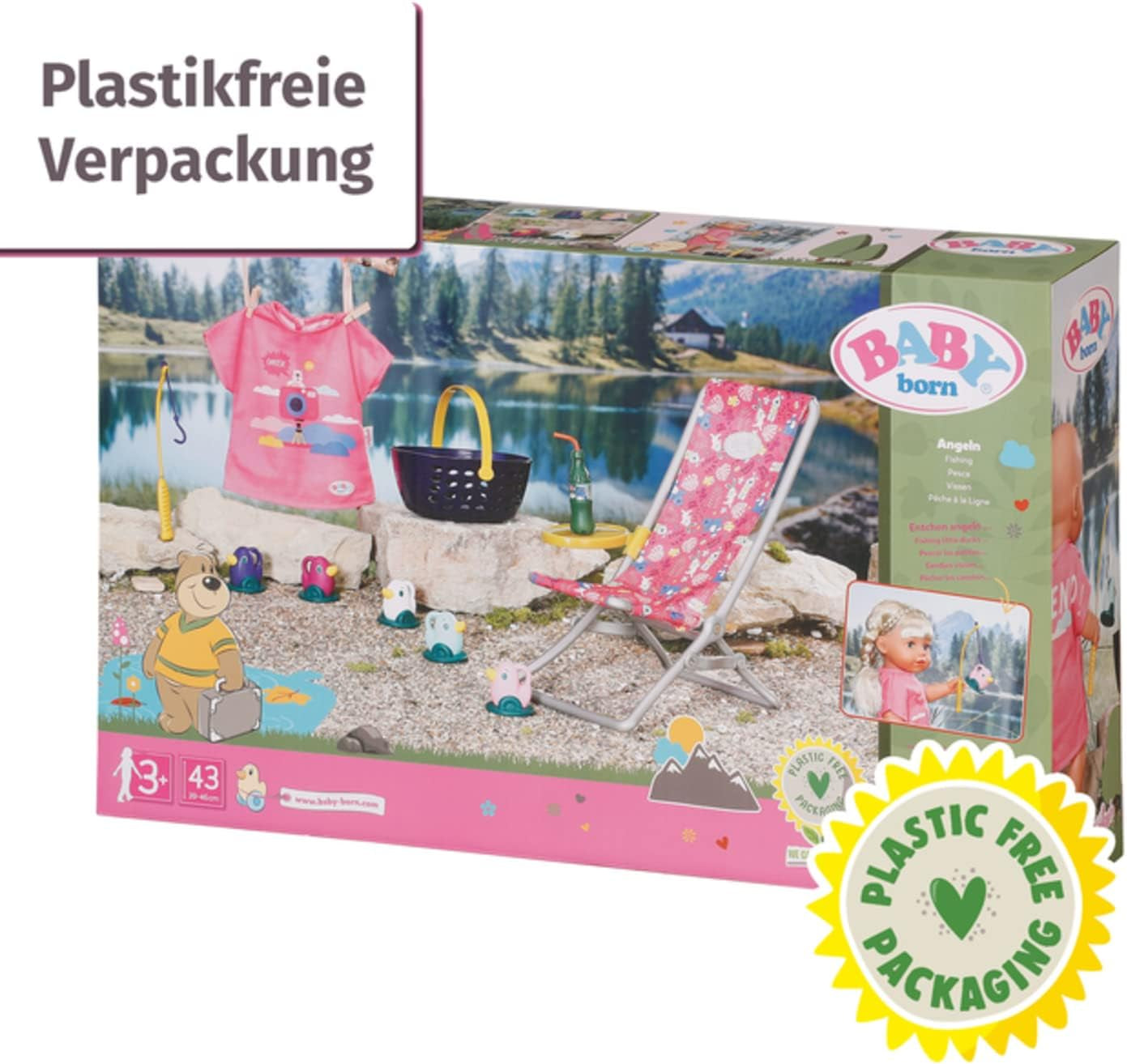 BABY born 832790 Weekend Fishing - Juego de accesorios para muñeca de pesca con tumbona, mesa auxiliar, vaso, cesta, patitos y caña de pescar y camiseta larga rosa, rosa