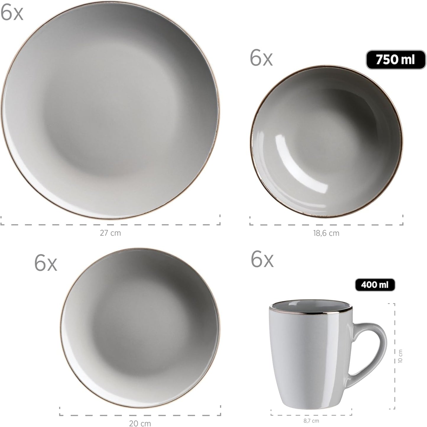 MÄSER Estructura de metal, Vajilla moderna para 6 personas con estructura de color latón, servicio combinado de 24 piezas con formas de copa sin borde, Gres, Gris
