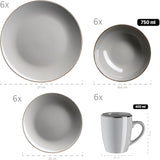 MÄSER Estructura de metal, Vajilla moderna para 6 personas con estructura de color latón, servicio combinado de 24 piezas con formas de copa sin borde, Gres, Gris