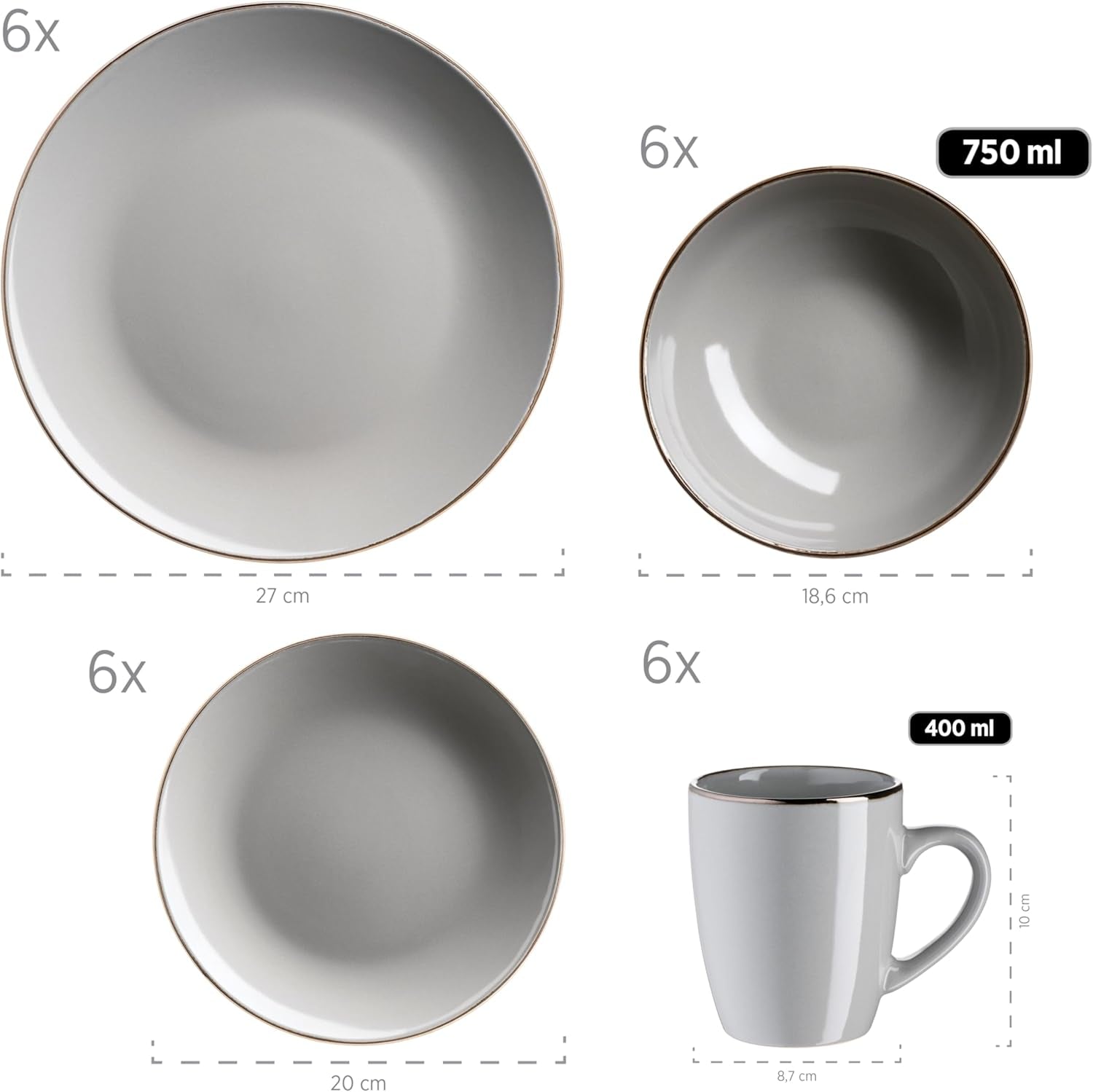 MÄSER Estructura de metal, Vajilla moderna para 6 personas con estructura de color latón, servicio combinado de 24 piezas con formas de copa sin borde, Gres, Gris