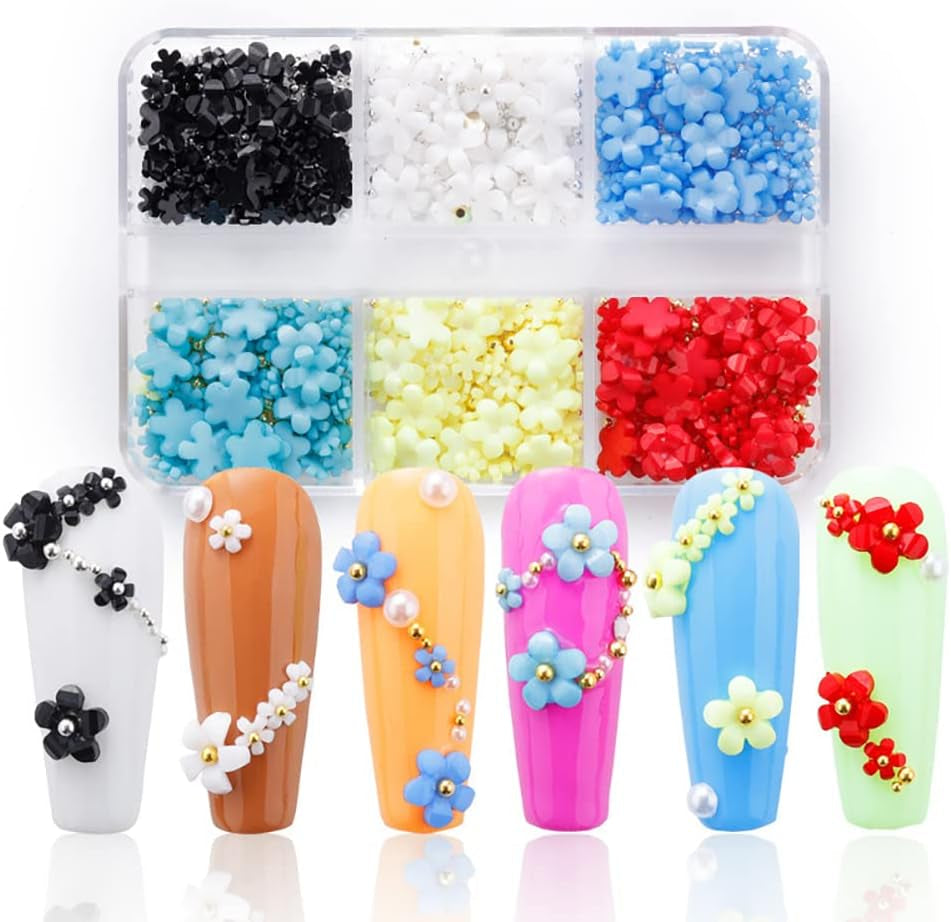 Uñas de flores 3D, 6 rejillas, encantos de uñas de flores, pedrería de uñas acrílicas, accesorios de uñas, decoraciones de uñas de primavera DIY