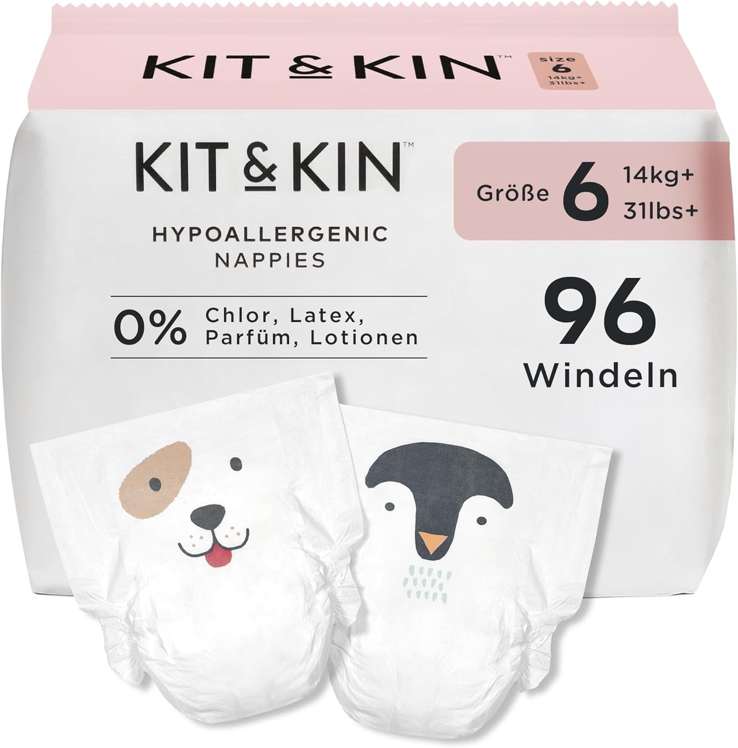 Pañales Kit & Kin Premium, tamaño 4 (9-14 kg), 128 unidades, a base de plantas e hipoalergénicos, protección confiable contra fugas, veganos y libres de crueldad