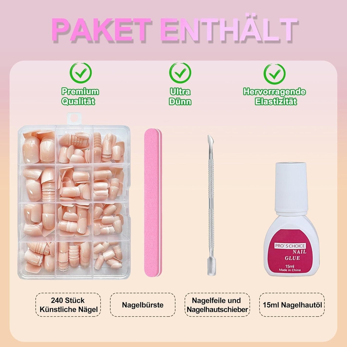 Juego de uñas postizas, 240 piezas de uñas cuadradas cortas, modelo de gel suave, degradado blanco desnudo, pegamento natural falso en uñas postizas para mujeres DIY (degradado desnudo, 240X)