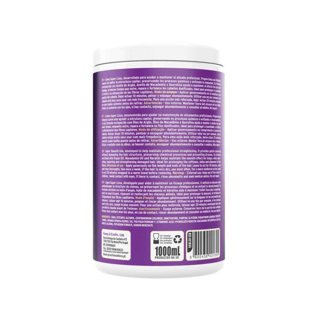 Mascarilla capilar Super Smooth 1000ml - Con aceite de argán, macadamia y queratina - Nutre, repara y fortalece - Para sedosidad, brillo y suavidad de las fibras - Sin sulfatos ni parabenos Mascarilla capilar Naty Shop