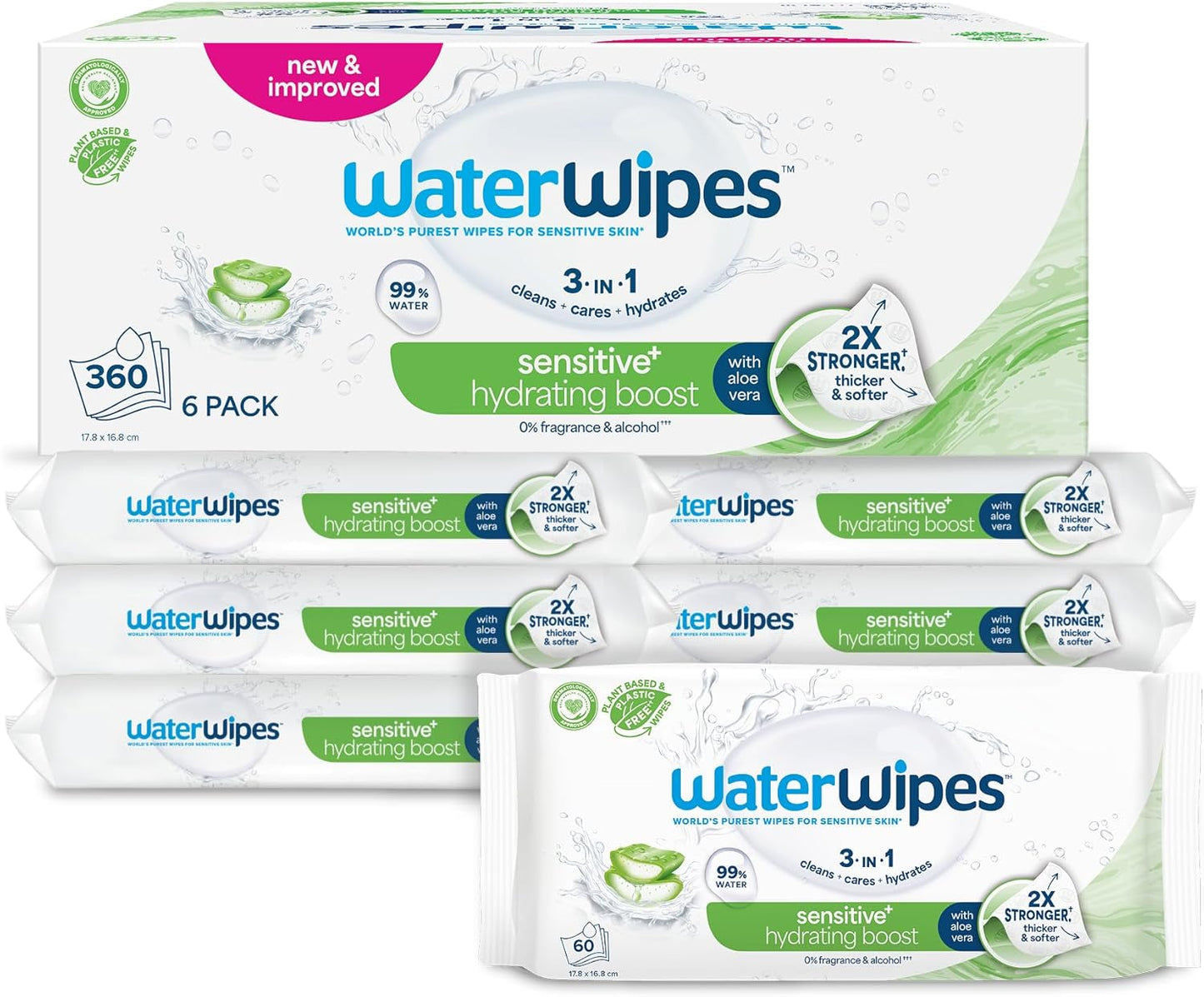 Toallitas húmedas WaterWipes Sensitive+ Hydrating Boost, toallitas hidratantes, 720 unidades (paquete de 12), 3 en 1 limpieza, cuidado, hidratación, 99% agua de aloe vera, toallitas para bebés sin perfume