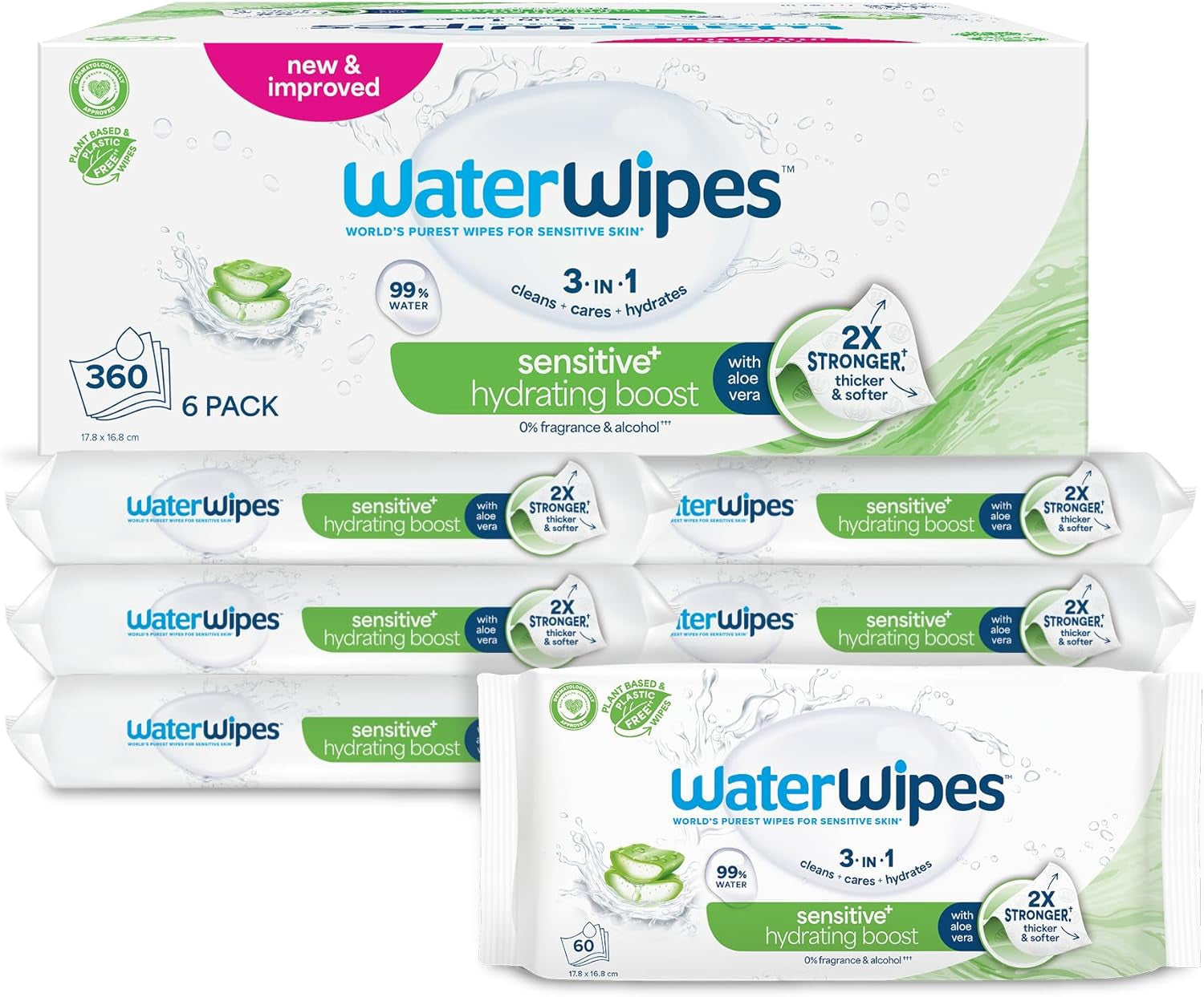 Toallitas húmedas WaterWipes Sensitive+ Hydrating Boost, toallitas hidratantes, 720 unidades (paquete de 12), 3 en 1 limpieza, cuidado, hidratación, 99% agua de aloe vera, toallitas para bebés sin perfume