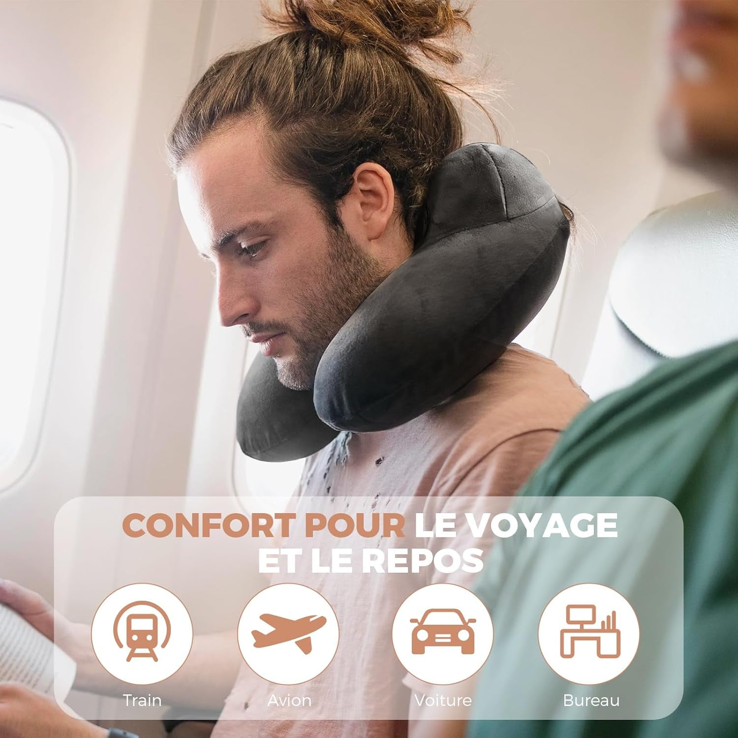 Almohada de Viaje Inflable, Almohada de Viaje con Antifaz para Dormir + Tapones para los Oídos + Bolsa de Transporte, Súper Ligera y Portátil, Ideal para Avión, Coche, Hogar, Oficina, Negro Naty Shop Almohadas de Viaje