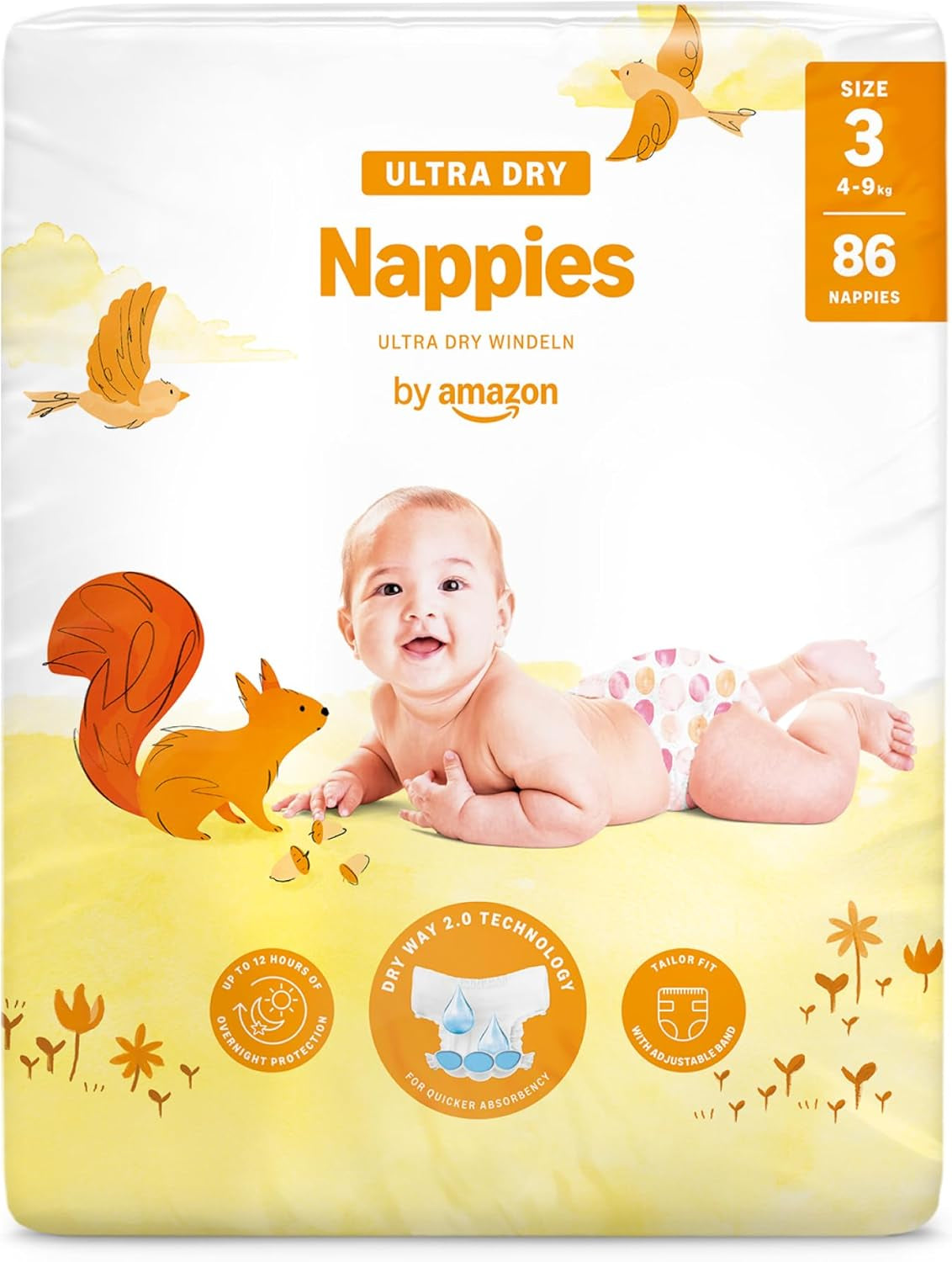 Pañales Amazon Ultra Dry, tamaño 1 (2-5 kg) - Caja mensual, blanco, 96 unidades (2 paquetes de 48) (anteriormente marca Mama Bear, producto idéntico)