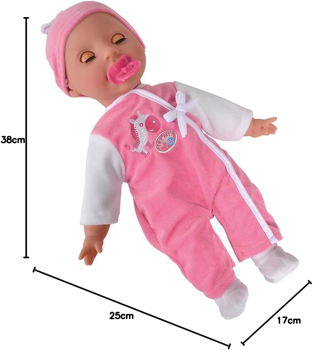 Simba 105140489 - Muñeca Laura Baby Talk, Muñeca de cuerpo suave de 38 cm con ojos soñolientos y mono lindo, 24 sonidos de bebé, Muñeca de juego, Muñeca bebé, Edad 2+