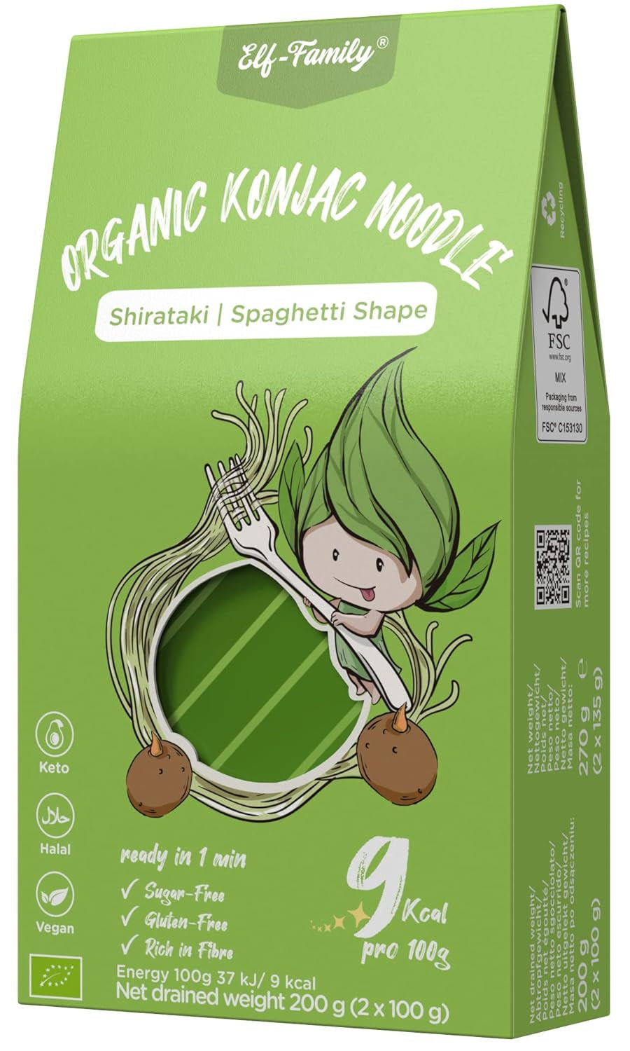 Elf-Family Caja de 270 g x 6 unidades (paquete de 12) Bio Konjak Nudeln Ultra Low Carb Shirataki Nudeln Vegan Glutenfrei-Instant Nudeln ohne kohlenhidrato/Keto/Kalorienarme/Fettfrei/Zuckerfrei -Spaghetti MHD: 11/12/2026