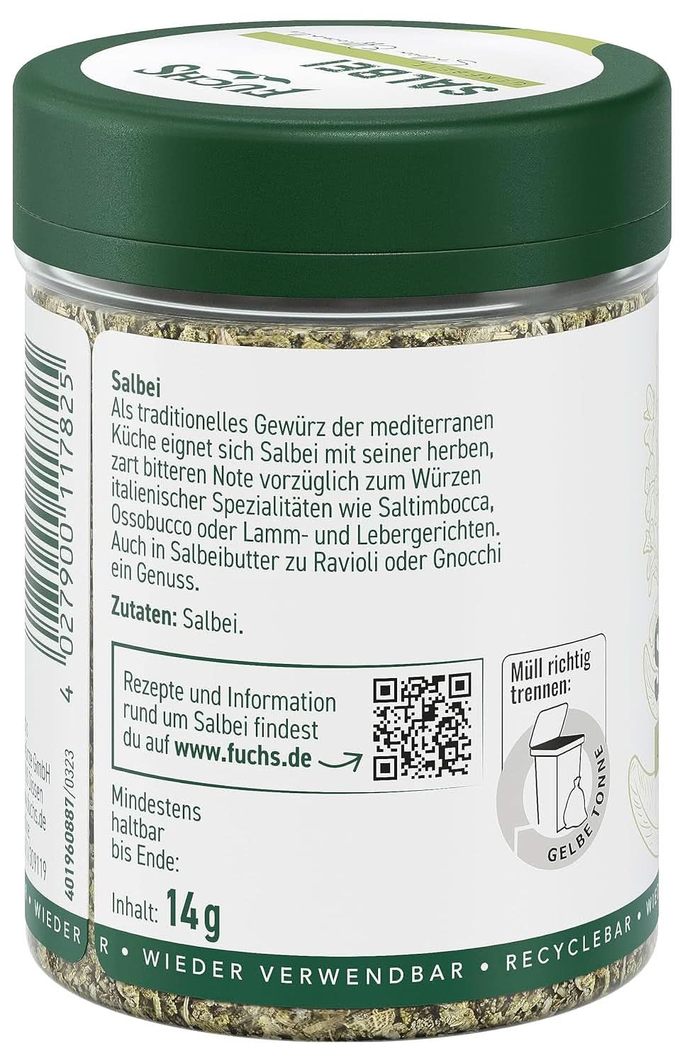 Fuchs, Salvia, Nota ácida, delicadamente amarga para Raviolis o Ñoquis, 14 gramos Condimentos Naty Shop