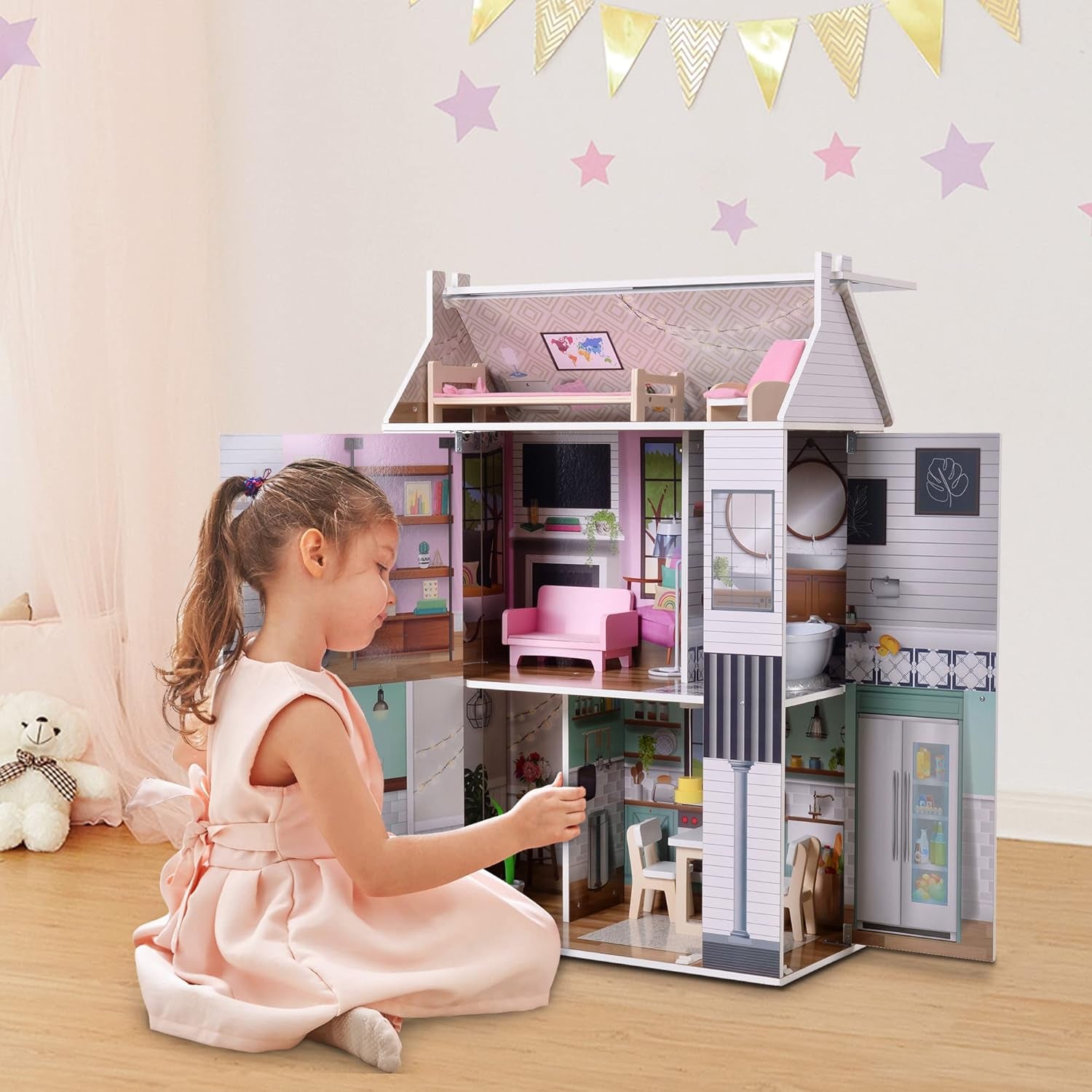 Olivia'S Little World Dreamland Farmhouse Casa de Muñecas Interactiva de Madera para Niños 3 Pisos con 13 Accesorios para Muebles para Muñecas Blanco TD-13632A Casas de Muñecas Naty Shop