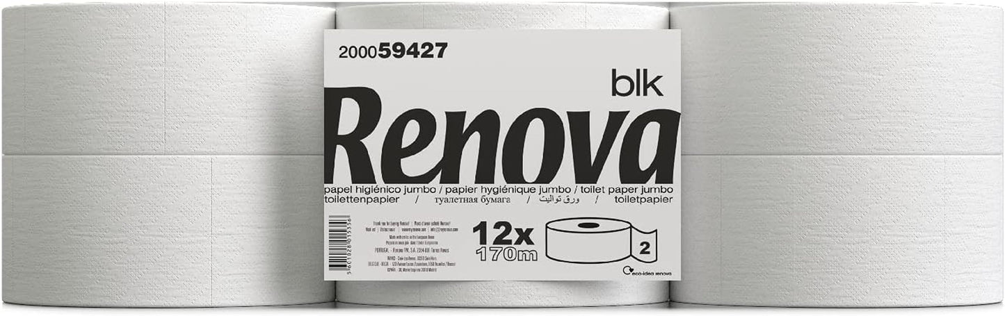 Papel higiénico Renova Jumbo BLK, 12 rollos a 170 M, papel blanco, 2 capas