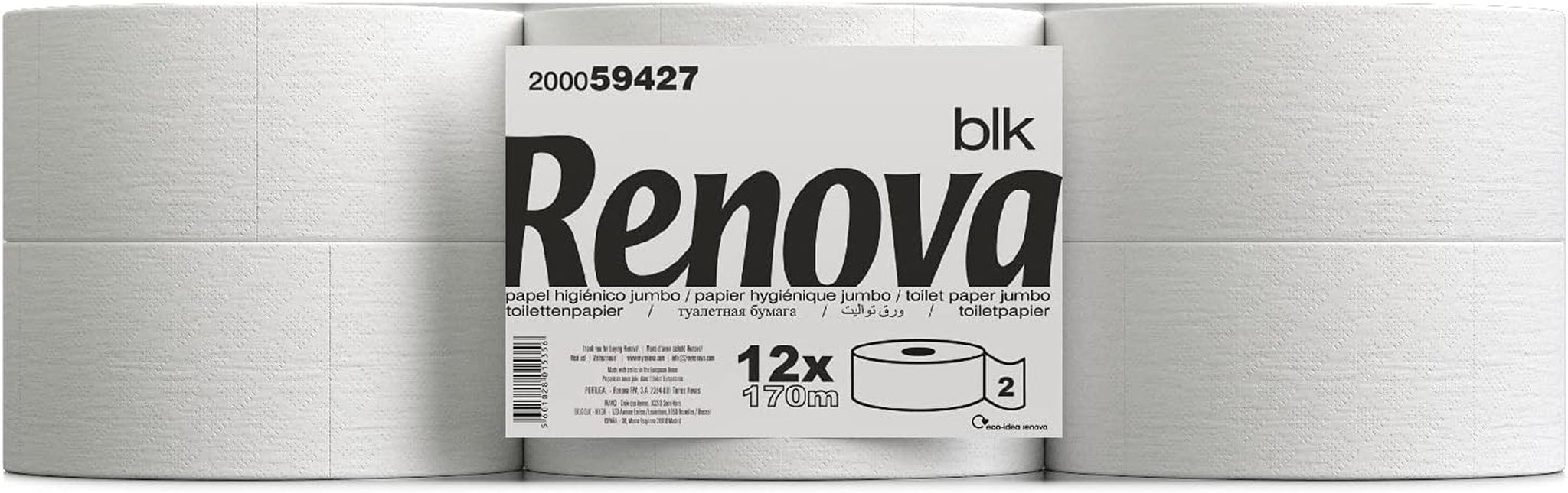 Papel higiénico Renova Jumbo BLK, 12 rollos a 170 M, papel blanco, 2 capas