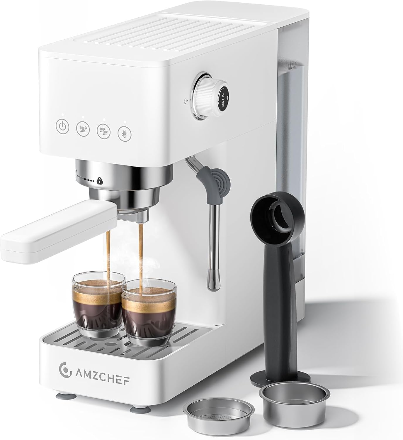 AMZCHEF Cafetera Espresso 20 Bar, Pantalla LED, Espumador de Leche Profesional y Lanza de Vapor de Acero Inoxidable, Tanque Extraíble de 1,5 L, Calentamiento Rápido 1350W, Blanca