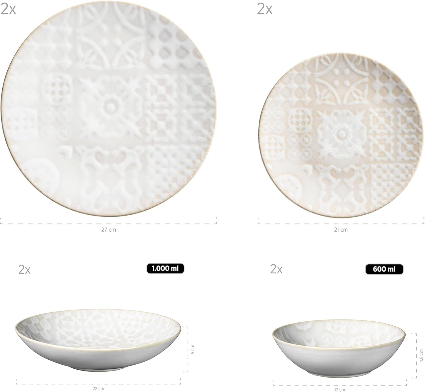 MÄSER 935079 Vajilla Vintage Moderna para 2, Diseño Morisco, Servicio de Mesa de 8 Piezas, Platos y Cuencos de Cerámica de Alta Calidad, Gres, Blanco