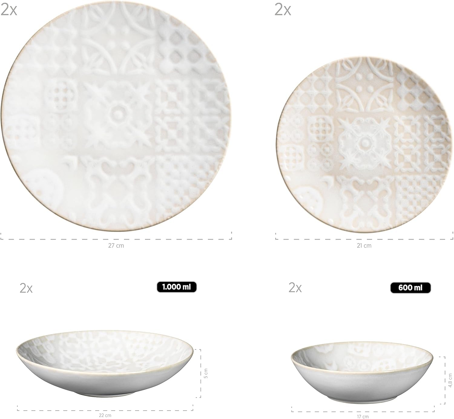 MÄSER 935079 Vajilla Vintage Moderna para 2, Diseño Morisco, Servicio de Mesa de 8 Piezas, Platos y Cuencos de Cerámica de Alta Calidad, Gres, Blanco