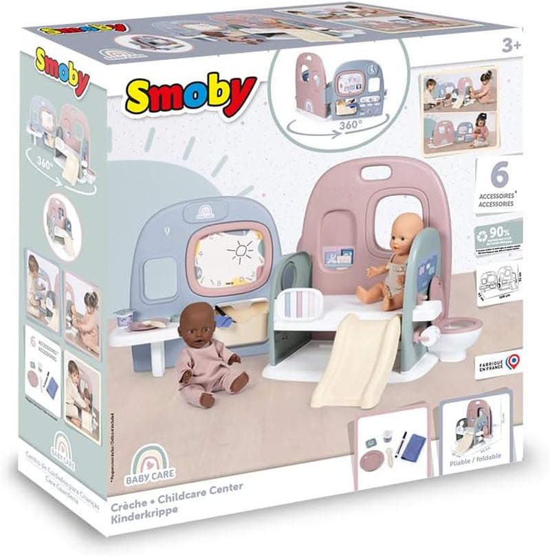 Smoby - Cuidado del bebé Guardería de muñecas - Centro de juegos para muñecas Guardería + Guardería Vida cotidiana - Zona de juegos plegable con rotación de 360° - 6 accesorios - Fabricado con un 90% de material reciclado en Francia, a partir de 3 años