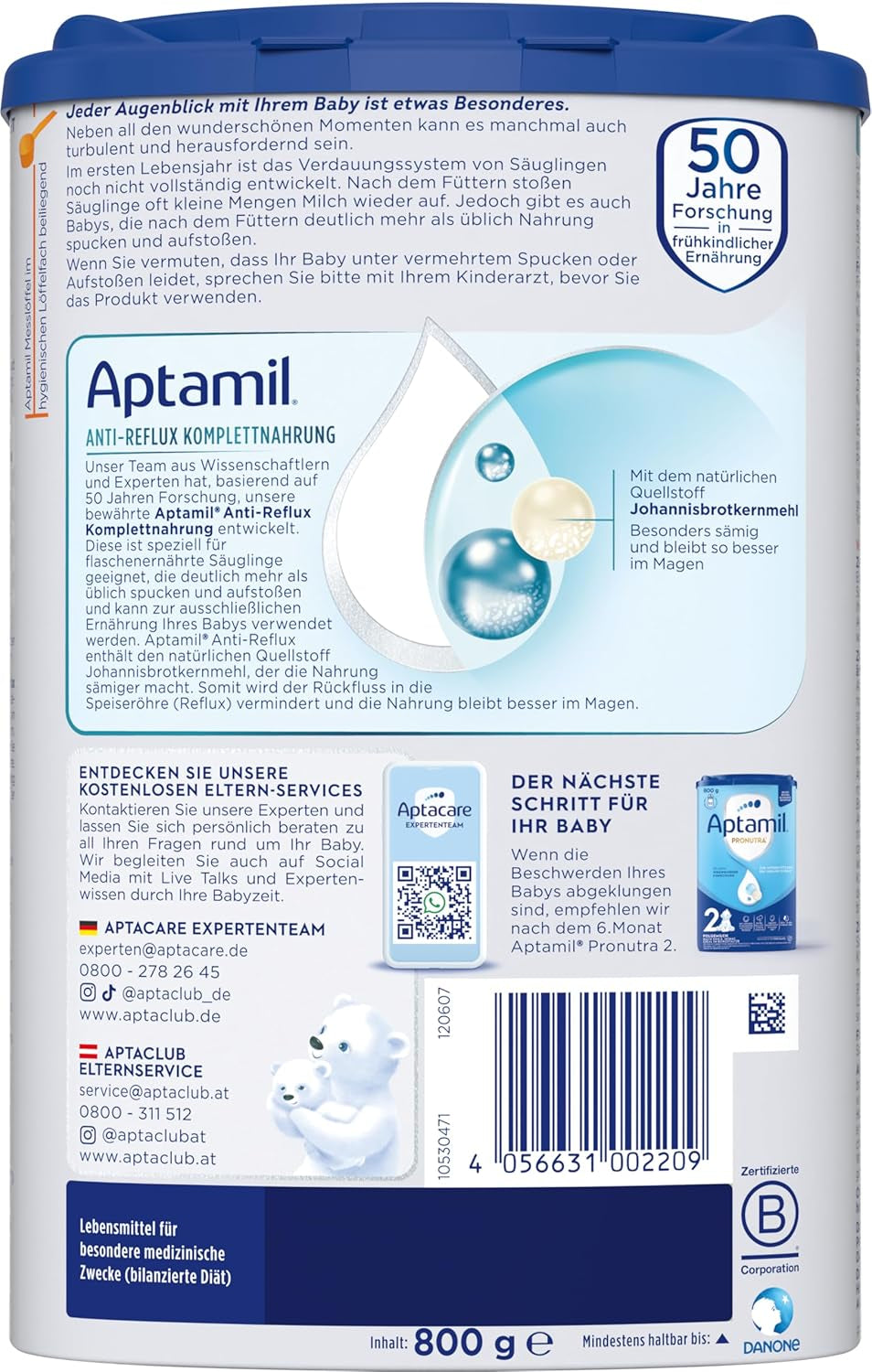 Aptamil Antirreflujo - Fórmula completa desde el nacimiento Manejo dietético Vómitos y regurgitaciones Alimentos para bebés Leche en polvo 1 x 800 g