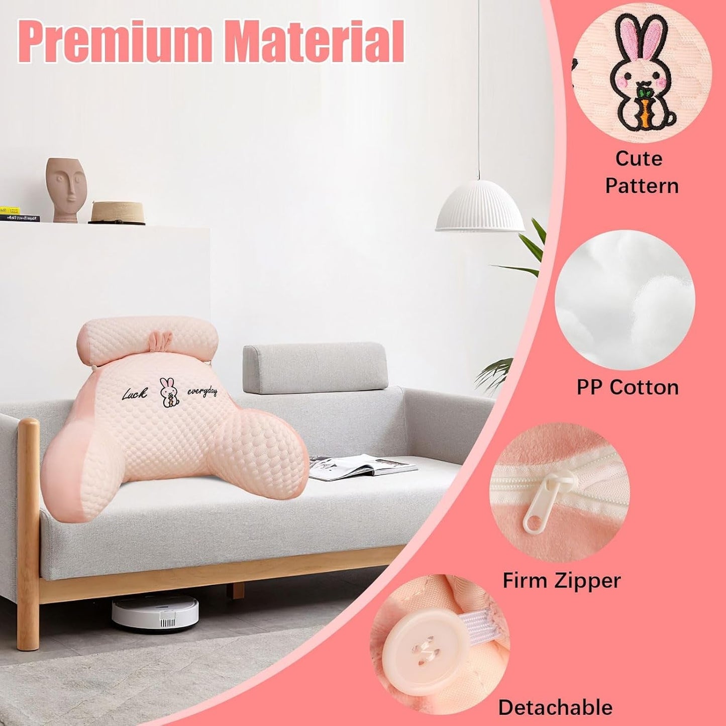 Almohada de lectura, almohada de cama, almohada de espalda extra grande para adultos de 70 x 50 cm para leer con rollo de cuello desmontable y brazo de apoyo, cómoda almohada de lectura para cama y sofá (rosa, extra grande)