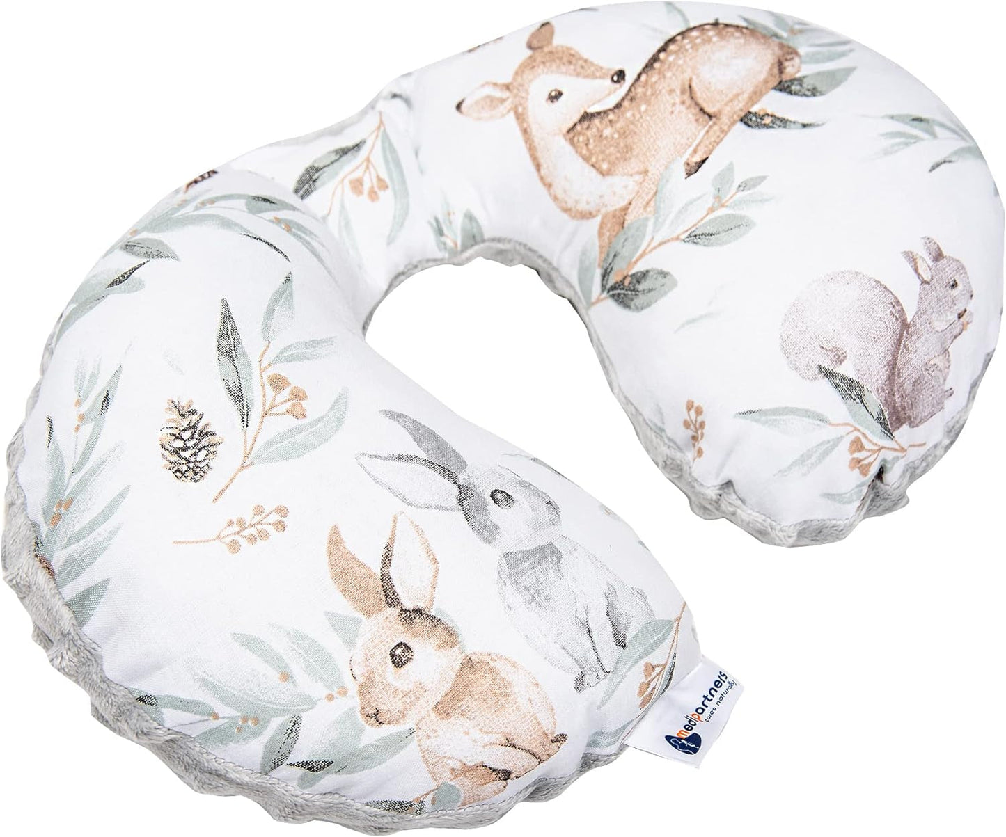 Medi Partners Almohada cervical para bebé Soporte para el cuello 100% algodón / minky almohada cervical para bebé para cochecito de coche viaje viaje dormir almohada cervical snooze roll (REH con Minky gris) Almohadas ortopédicas cervicales Naty Shop Ciervo en hojas con minky gris