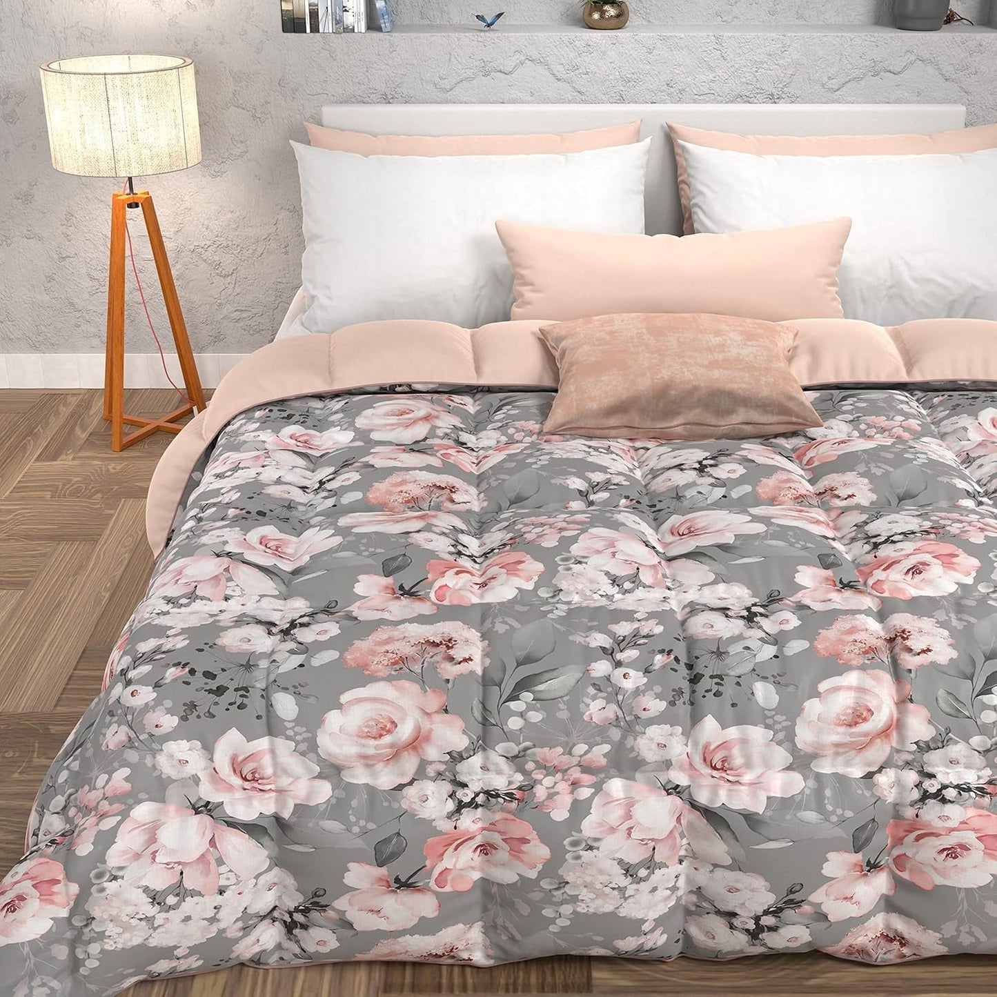 PETTI Artigiani Italiani - Edredón de invierno, Edredón de invierno, Edredón sencillo, Doble cara, Monocolor e impresión digital, 100% microfibra hipoalergénica, Made in Italy Naty Shop Edredones y Edredones Floral 17 Gris Una Piazza E Mezza