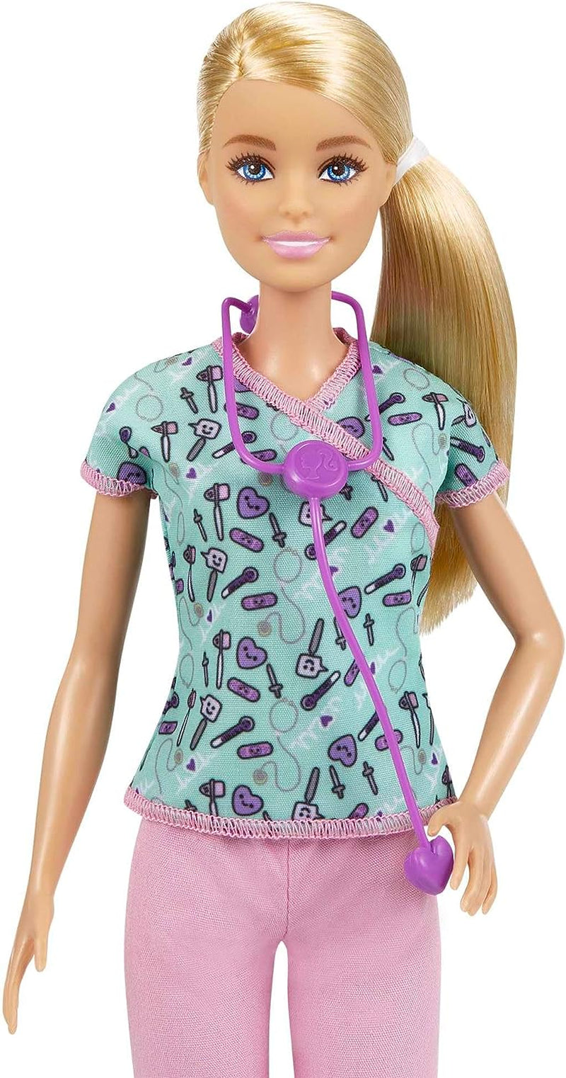 Muñeca Barbie GTW39 - Enfermera (aprox. 30 cm) con top estampado y pantalones rosas, zapatos blancos y estetoscopio, gran regalo para niños a partir de 3 años