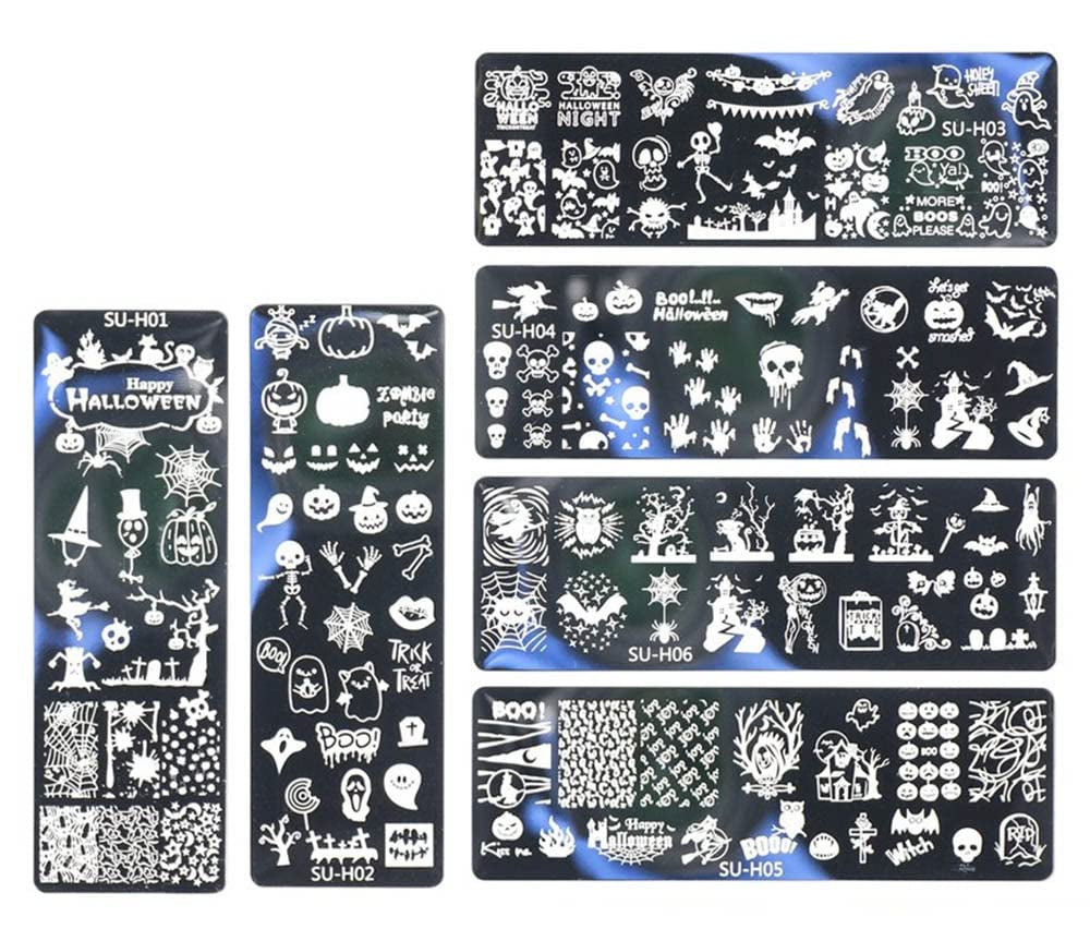 JMEOWIO Plantillas para estampación de uñas Halloween 6 Piezas Plantillas de Plantillas para decoración de uñas Diseño de uñas Zubehör Böse Gruselige Kürbis-Geisterhexe