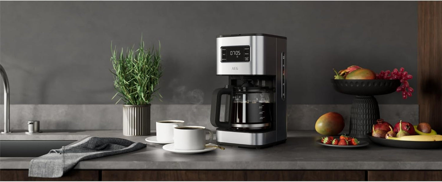 Cafetera espresso AEG Deli 5, 1,5 l, temporizador programable, función mantener caliente, parada de seguridad, indicador de nivel de agua, dosificación óptima, función antigoteo, acero inoxidable, CM5-1-6ST