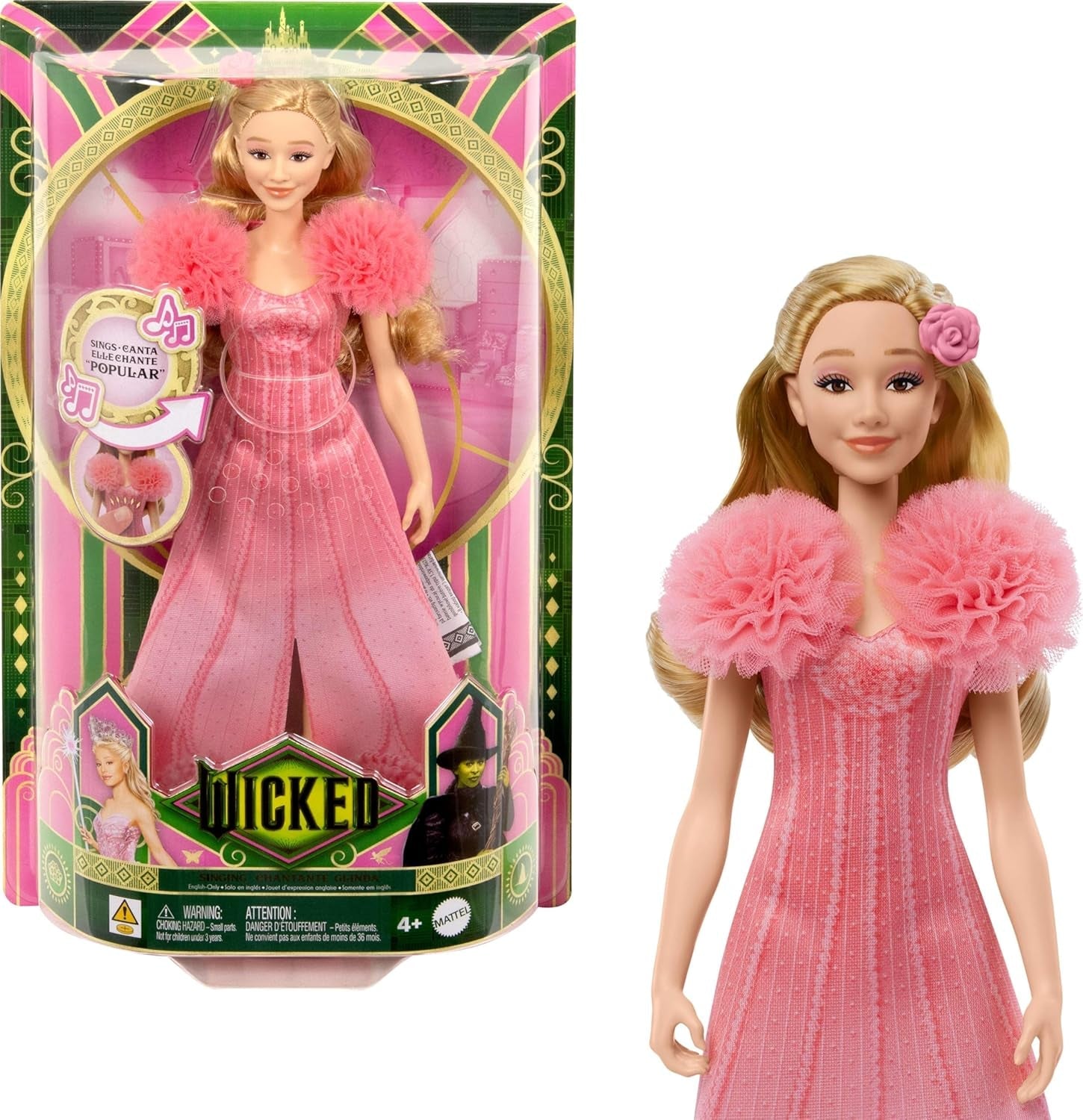 Mattel Glinda de Wicked and Accessories Muñeca articulada inspirada en la película con atuendo desmontable Sings Loved by Us JLG49 Rosa