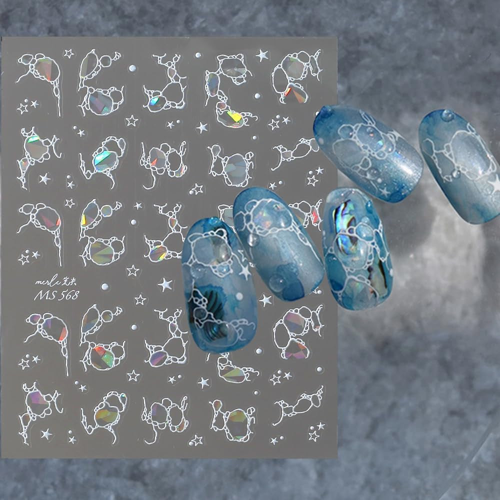 Pegatinas para uñas con purpurina, ondas de agua de verano, arte de uñas estrellado, ondas de agua de mar de fantasía, diseños de uñas, pegatinas para uñas, ondas de agua de mar, accesorios para uñas, arte de uñas