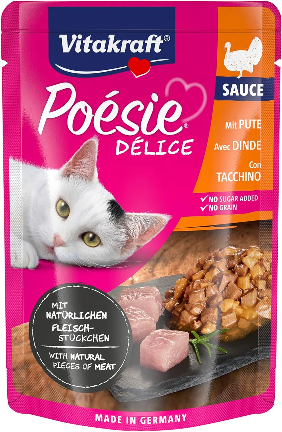 Vitakraft Poésie Délice, comida húmeda para gatos, comida para gatos en salsa, con pavo, paquete a granel, sin azúcares ni cereales añadidos (23 x 85 g)