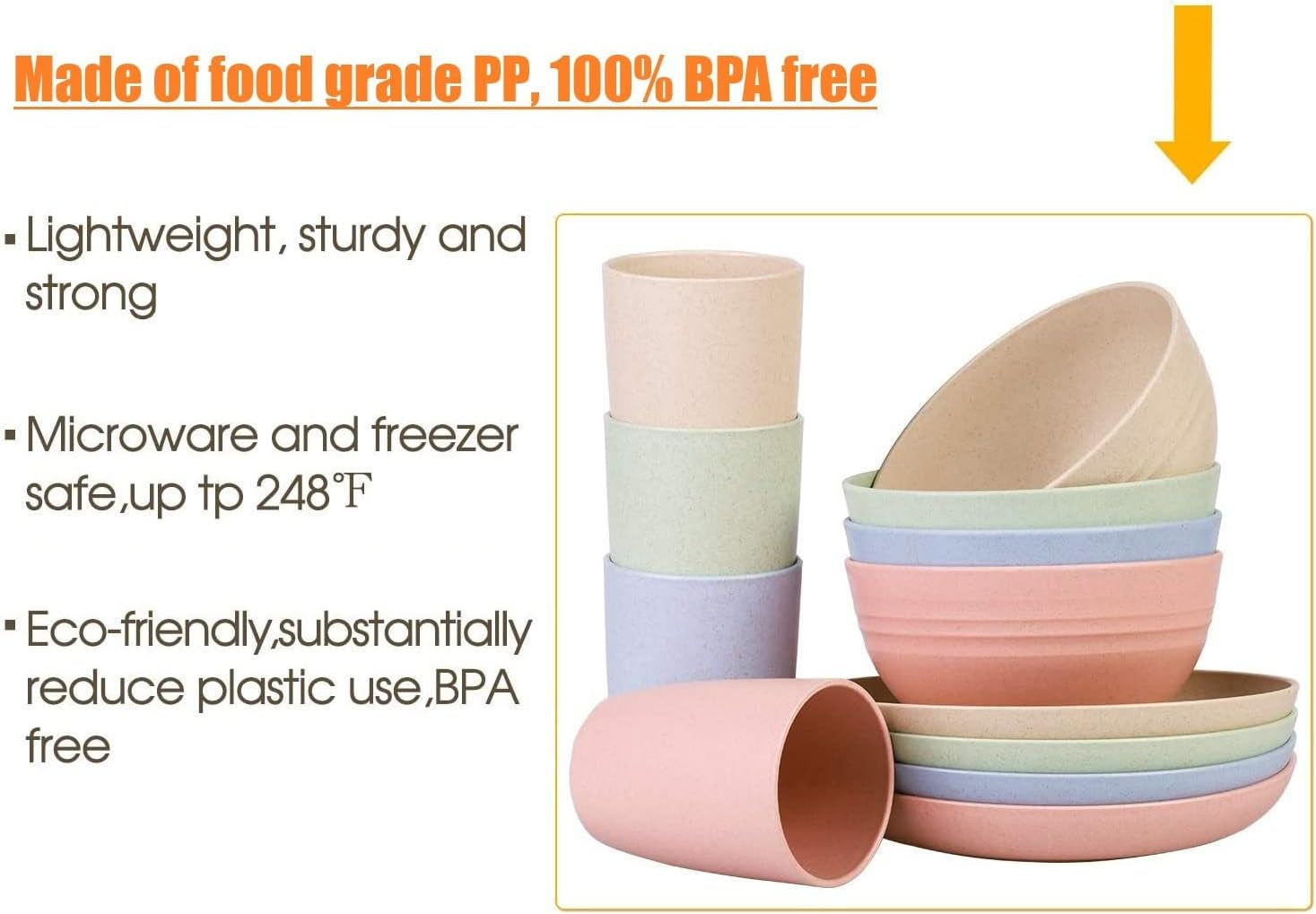 Juego de cubiertos de plástico para camping para 4 personas, reutilizables, indestructibles, platos, tazas, tazones y cubiertos, ligeros, ecológicos, reutilizables, aptos para microondas y lavavajillas
