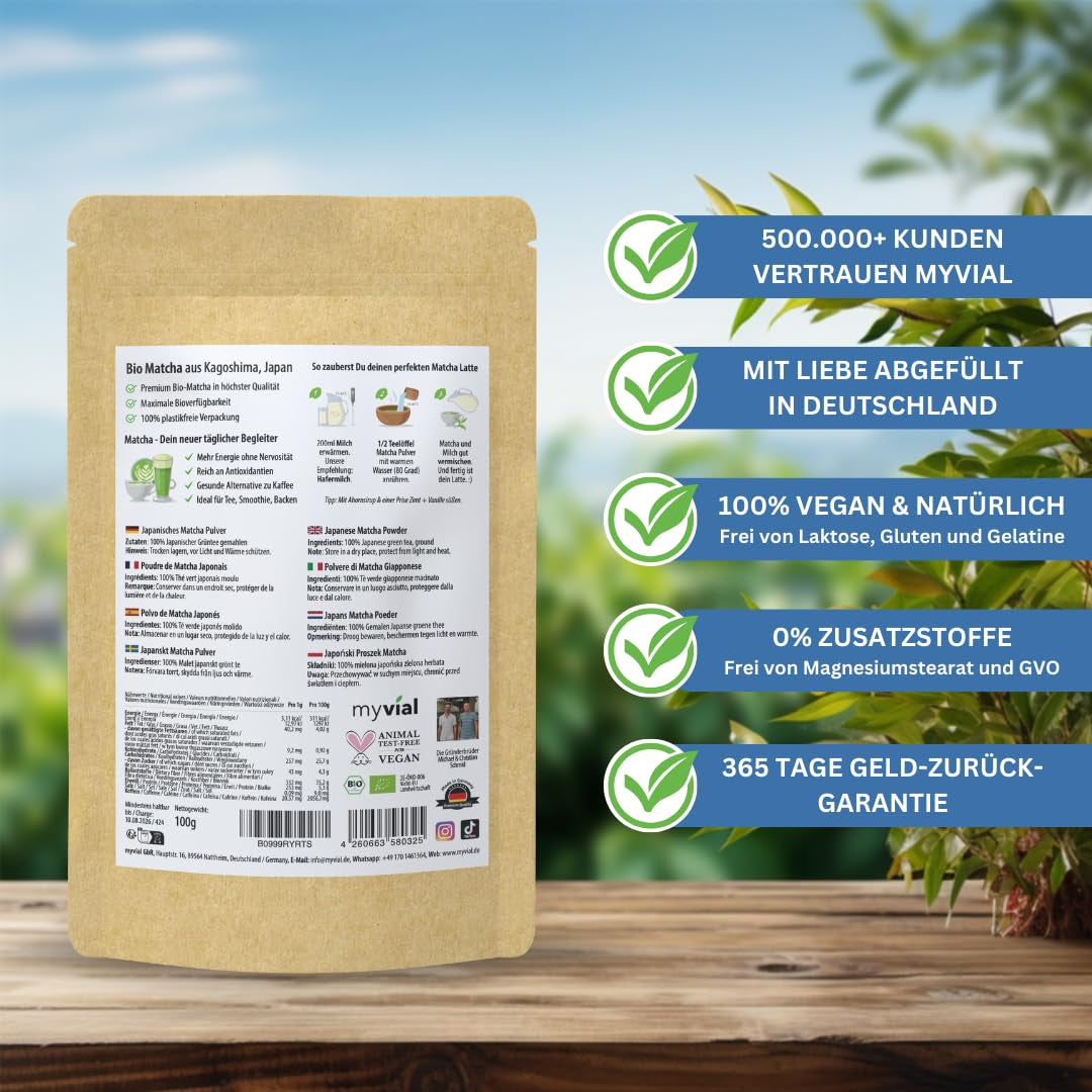 Té Matcha orgánico en polvo premium 100 g Té verde de la más alta calidad de Japón Kagoshima - Perfecto para batidos Matcha Latte Té verde japonés Vegano Sin aditivos Envase sin plástico
