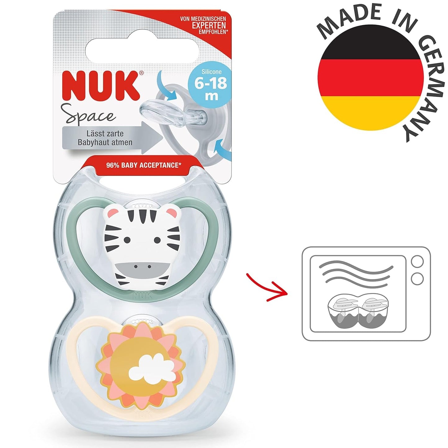 NUK Chupete Space Baby de 6 a 18 meses, aberturas extra grandes para pieles sensibles, silicona sin BPA, patrón de cebra, paquete de 2