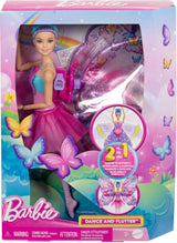 Barbie Bailarina y Mariposa 2 en 1 que transforma a bailarina en mariposa con alas que se abren, cabello morado, accesorios para el cabello y tutú desmontable, HXJ10