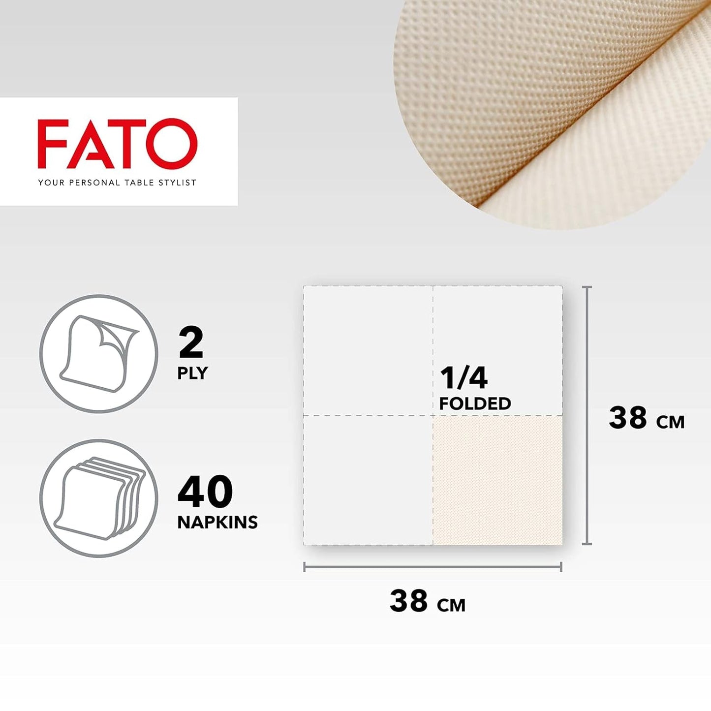 Fato - Servilletas de Papel Desechables Naturales de 4 Pliegues, Ecológicas, Paquete de 40, Tamaño 38X38, 2 Capas, Papel 100% Reciclado