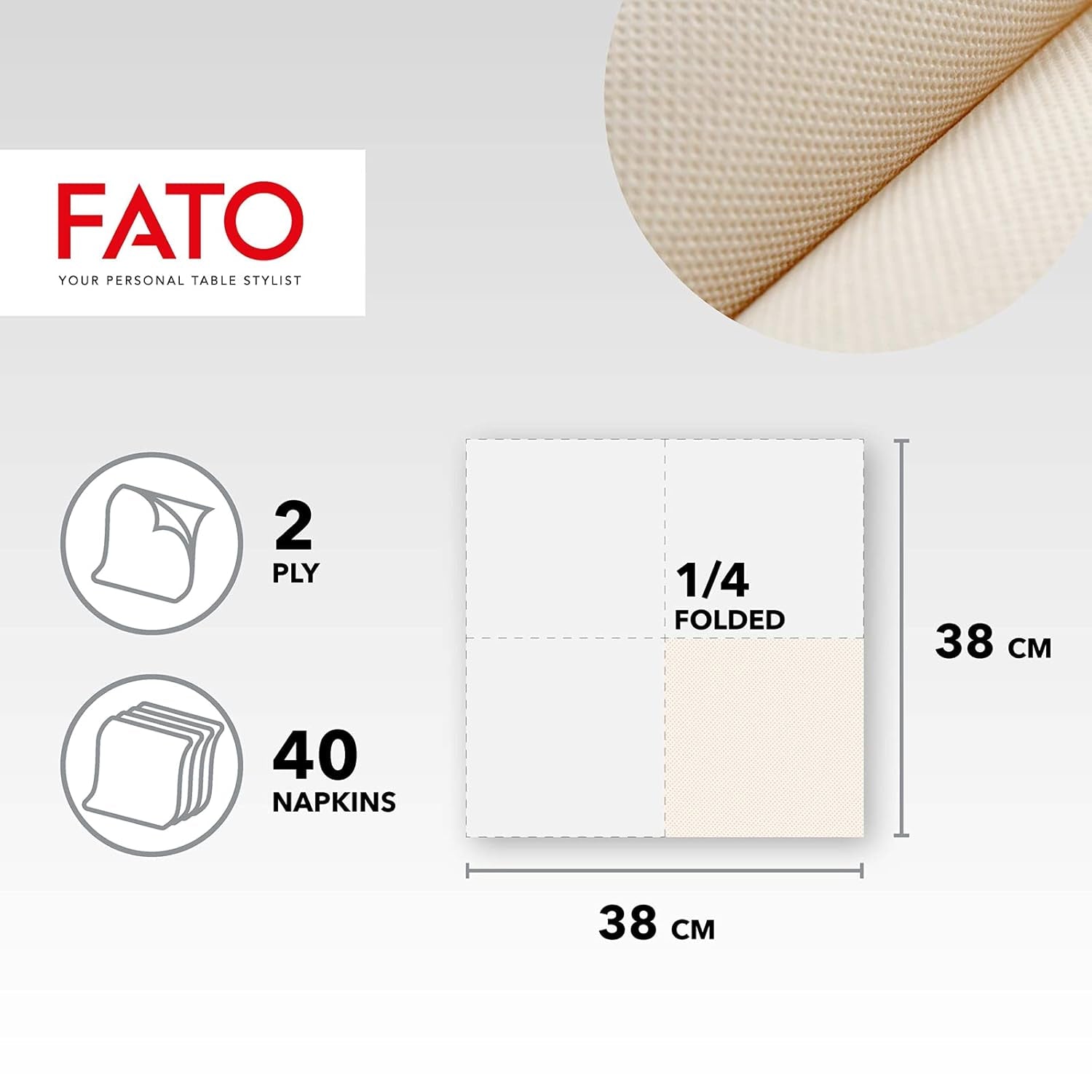 Fato - Servilletas de Papel Desechables Naturales de 4 Pliegues, Ecológicas, Paquete de 40, Tamaño 38X38, 2 Capas, Papel 100% Reciclado